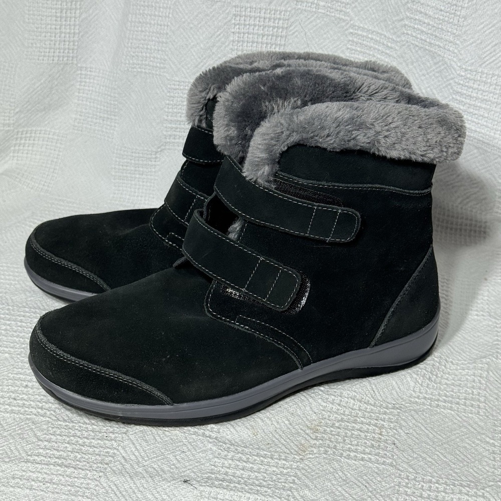 Orthofeet Florence Womens Black Suede Hook‎ Loop Faux Fur Slipper Boot Size 10